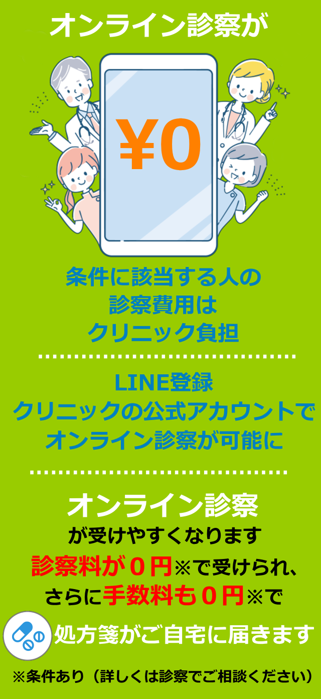 オンライン診察が￥0。LINE登録クリニックの公式アカウントでオンライン診察が可能に！条件に該当する人の診察費用はクリニック負担！診察料が０円※で受けられ、さらに手数料も０円※で処方箋がご自宅に届きます。※条件あり（詳しくは診察でご相談ください）